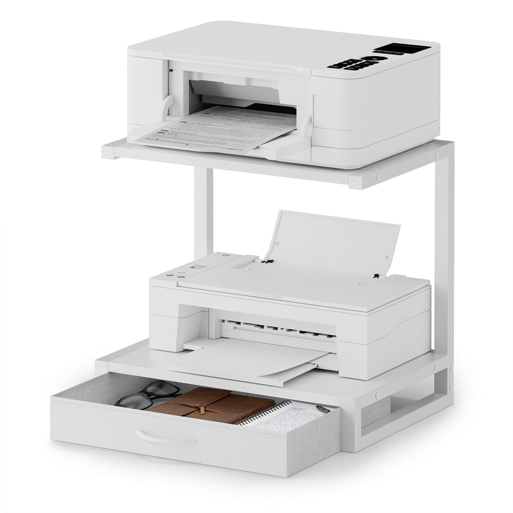 OYRREU 2-Tier Desktop Printer Stand with Fabric Drawer for Storage, White - image 1