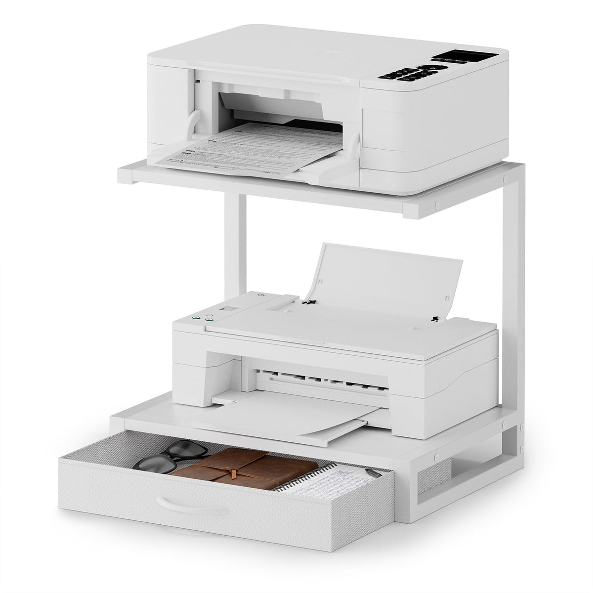 OYRREU 2-Tier Desktop Printer Stand with Fabric Drawer for Storage, White - image 1