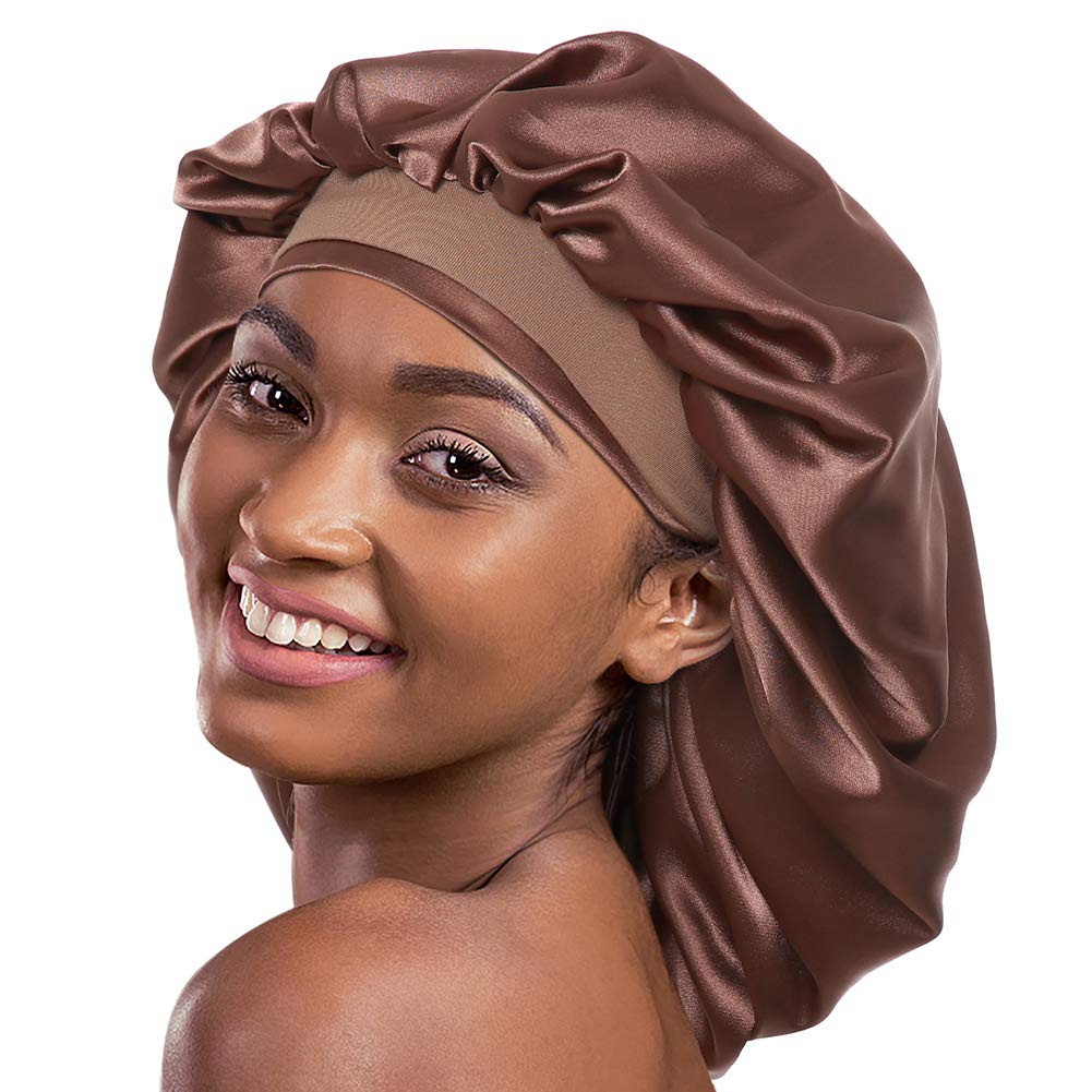 Alnorm Extra Large Satin Sleep Cap for Curly Hair | Coffee Night Bonnet