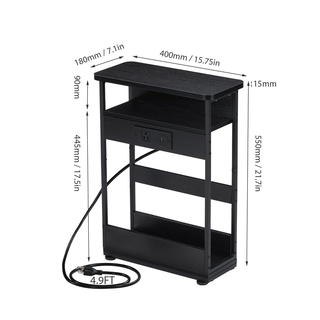 YEAKOO Narrow Side Table with Charging Station | 3-Tier Slim End Table