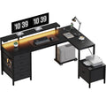 JUMMICO Corner Desk with Cabinet, Reversible L Shaped Computer Desk with Power Outlet and USB Ports, LED Lights and Hooks - image 1