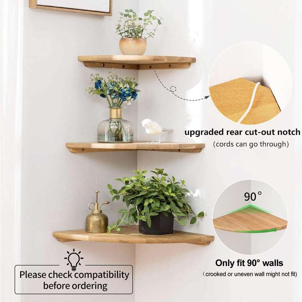 GIEANOO Solid Oak Wood Floating Corner Shelves with Wire Hole - Set of 2