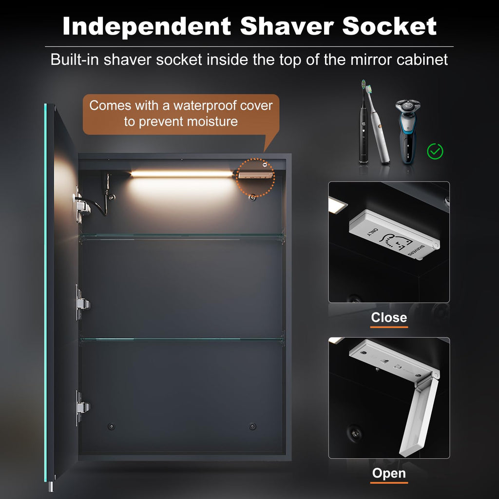 ELEGANT Illuminated Bathroom Cabinet with Shaver Socket, Built-in LED Light Strip, Demister Pad, Slow Close Hinge, Adjustable Shelves - image 2