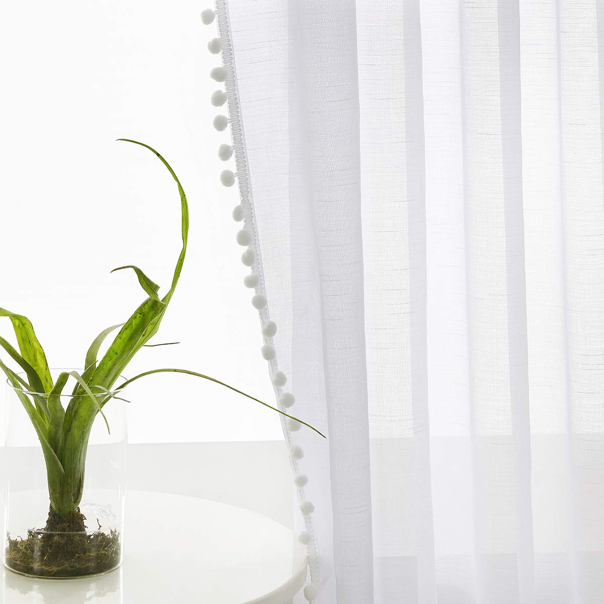 Snow White Pom Pom Sheer Curtains | Linen Look Voile - 52 x 90