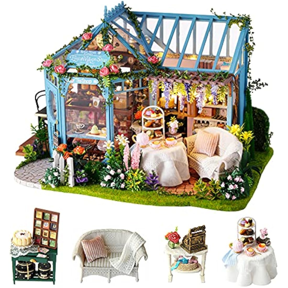 Cuteroom DIY Miniature Dollhouse Kit | Rose Garden Wooden Tea House