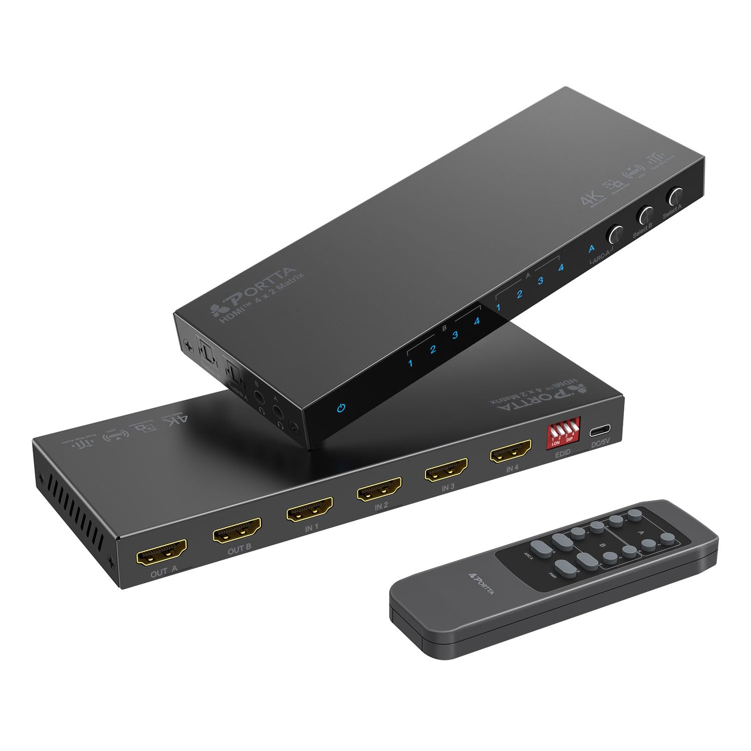 Portta 4x2 HDMI Matrix Switch Splitter 4K 60Hz with Audio Extractor