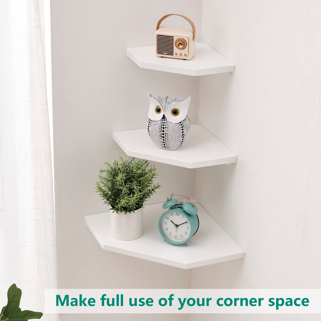 GIEANOO Solid Oak Wood Corner Shelf – White Floating Wall Mount Shelving