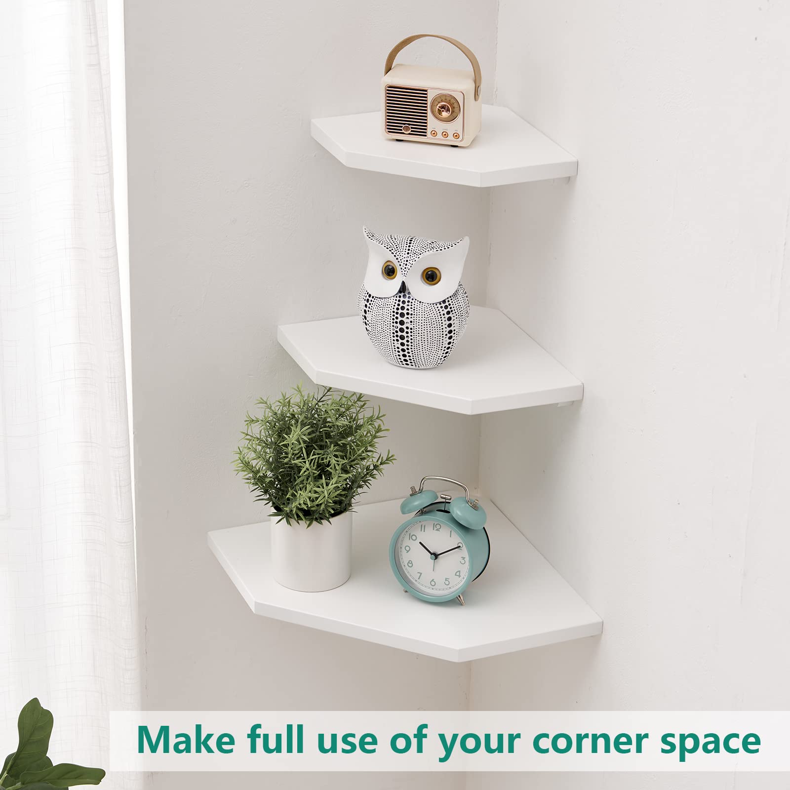 GIEANOO Solid Oak Wood Corner Shelf – White Floating Wall Mount Shelving