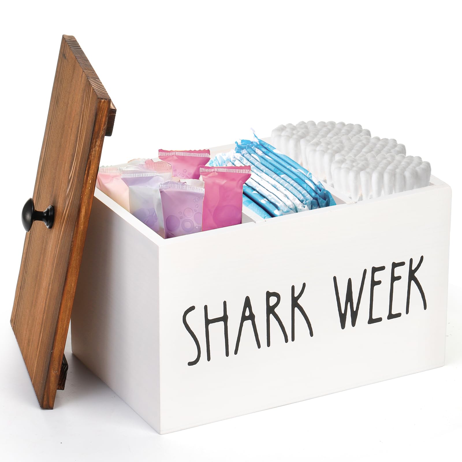 Hacaroa Wood Tampon Holder - Rustic Shark Week Pad Storage Box with Lid