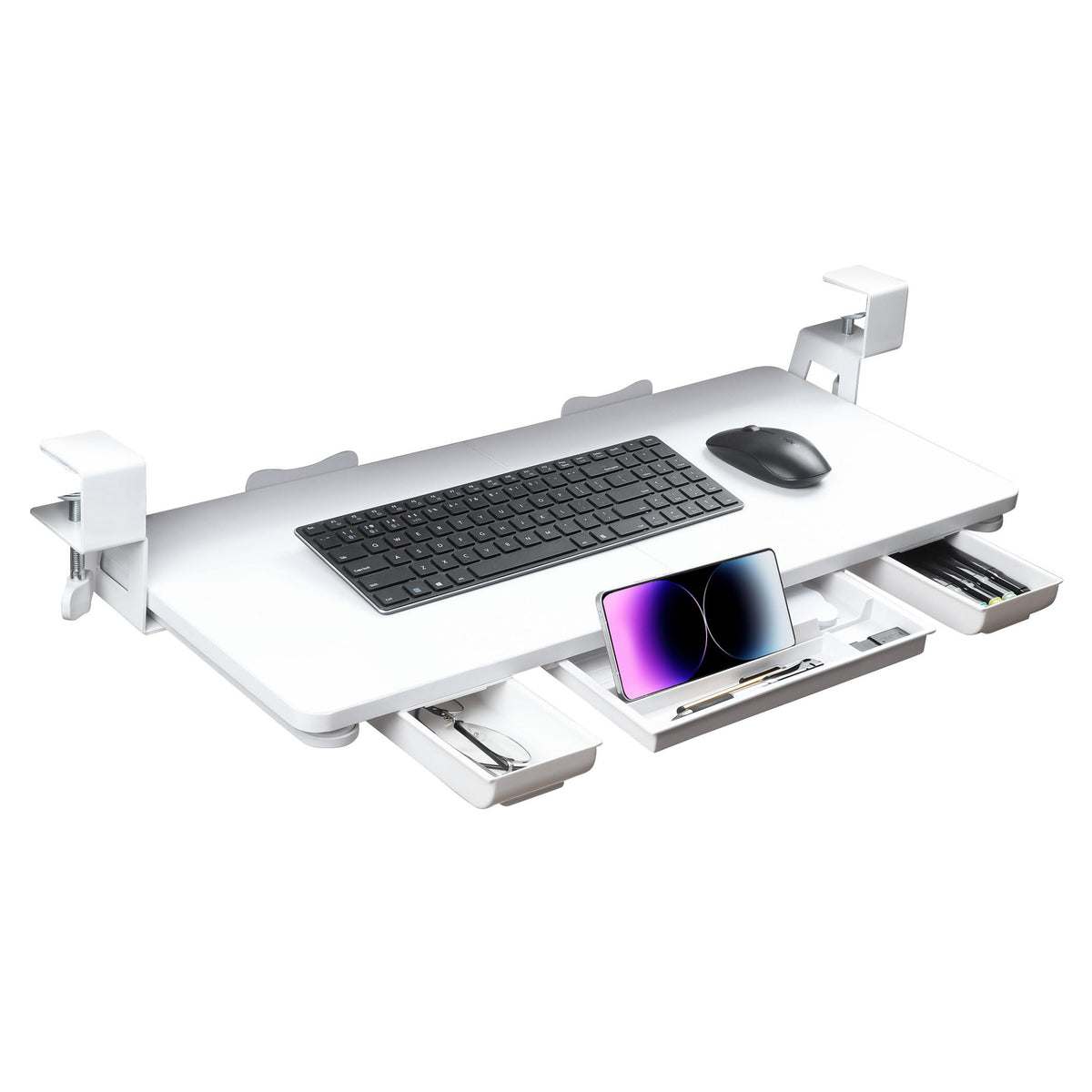 Keyboard Tray Under Desk with Drawer,26.77" X 11.81"Large Size Keyboard Tray with C Clamp-on Mount, Easy to Install, for Home Office White