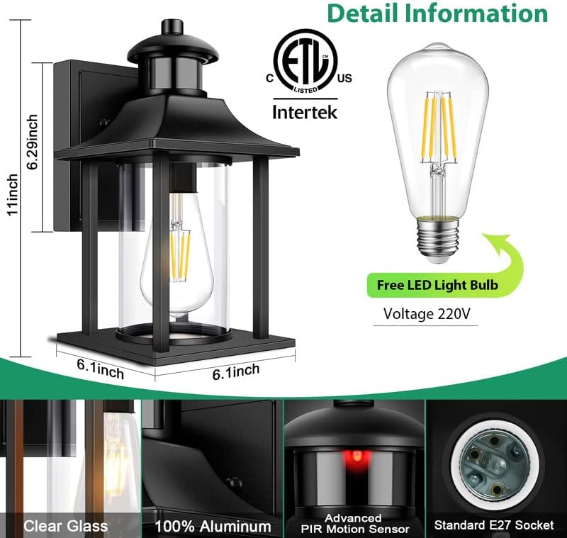 Lamomo Motion Sensor Outdoor Wall Light | Dusk to Dawn Security Lantern
