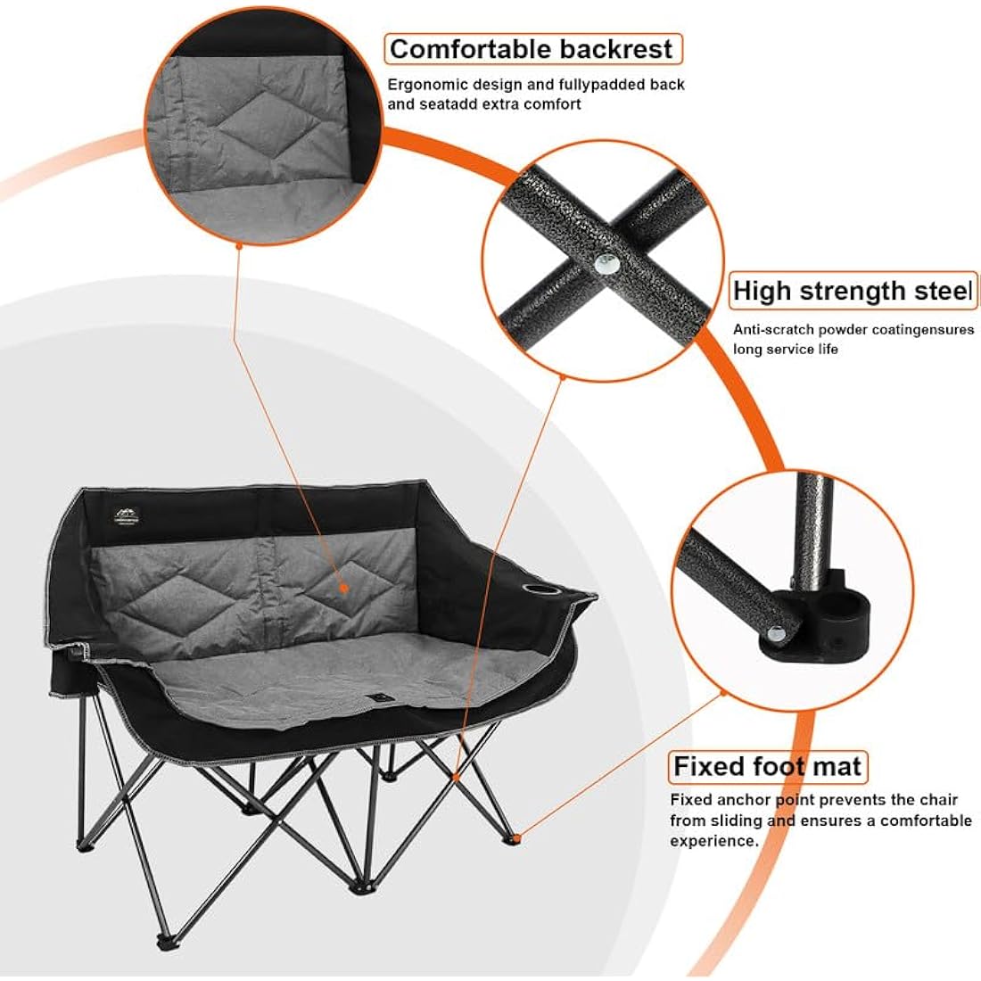 LANMOUNTAIN Folding Camping Loveseat – Heavy Duty Double Chair, Black