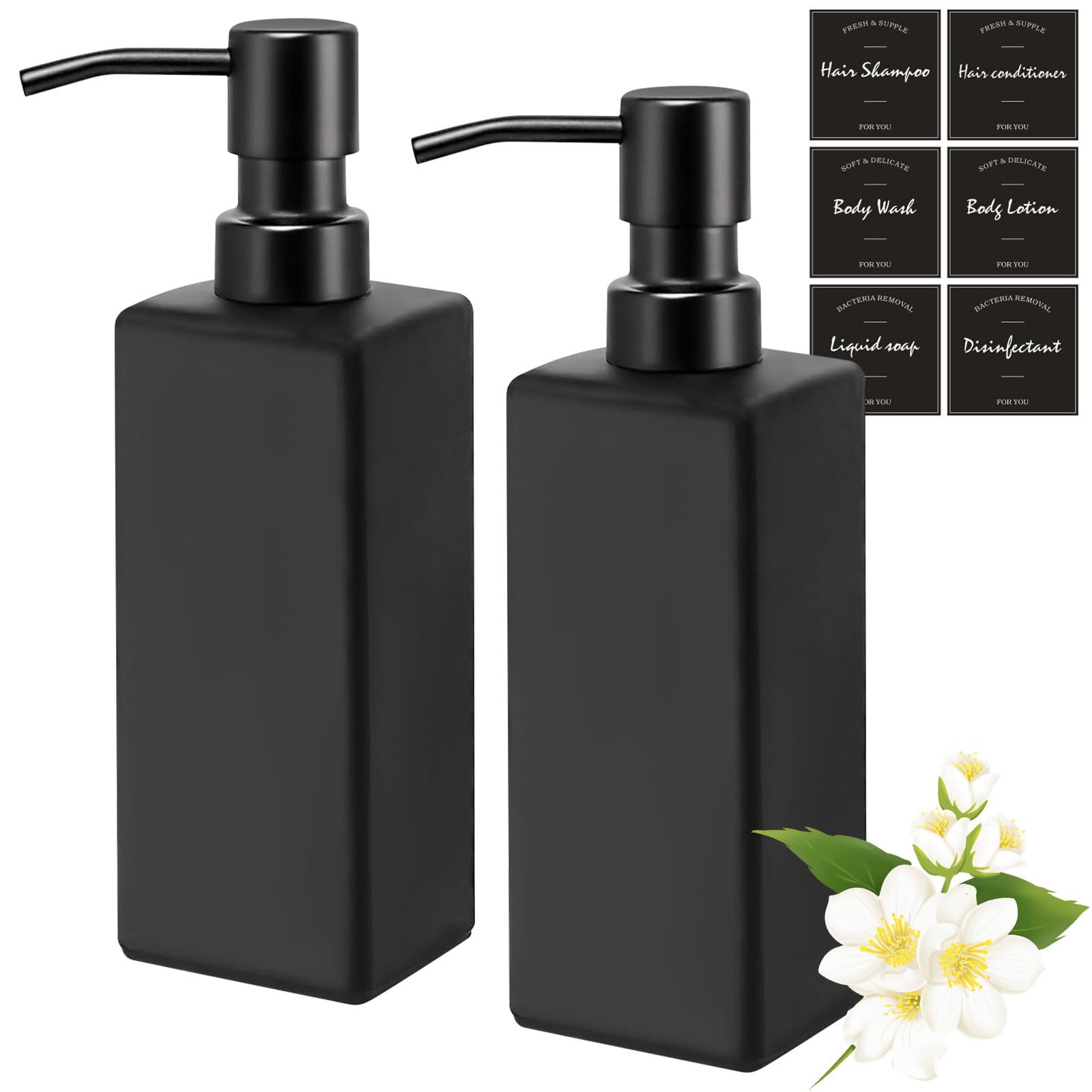 Jolof Store Matte Black Glass Soap Dispenser Set – 2Pcs 350ml Square
