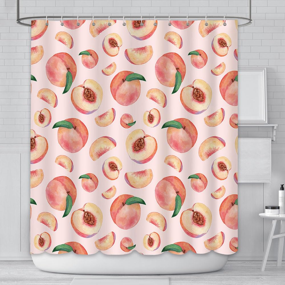 AIBIIN Pink Peach Shower Curtain | Waterproof Polyester Fruit Bath Decor
