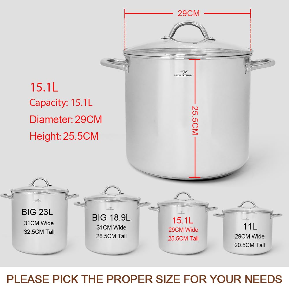 HOMICHEF Nickel-Free Stainless Steel Stock Pot with Lid - 15L / 16QT