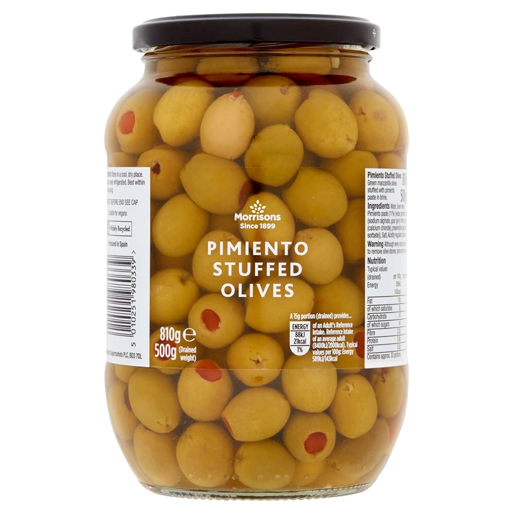 Morrisons Pimento Stuffed Green Olives in Brine - 820g (Pack of 6)