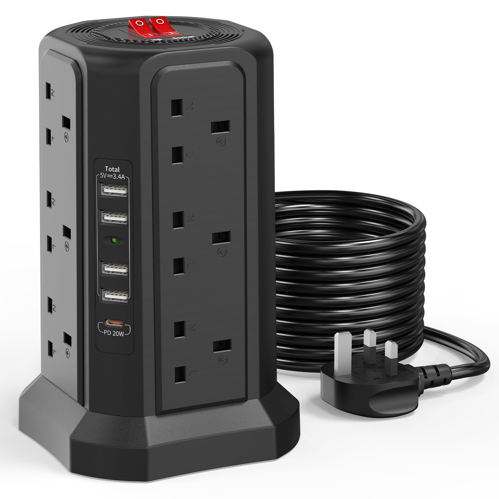 Jolof Store 12-Way Surge Protection Tower Extension Lead - 5M, 20W USB C