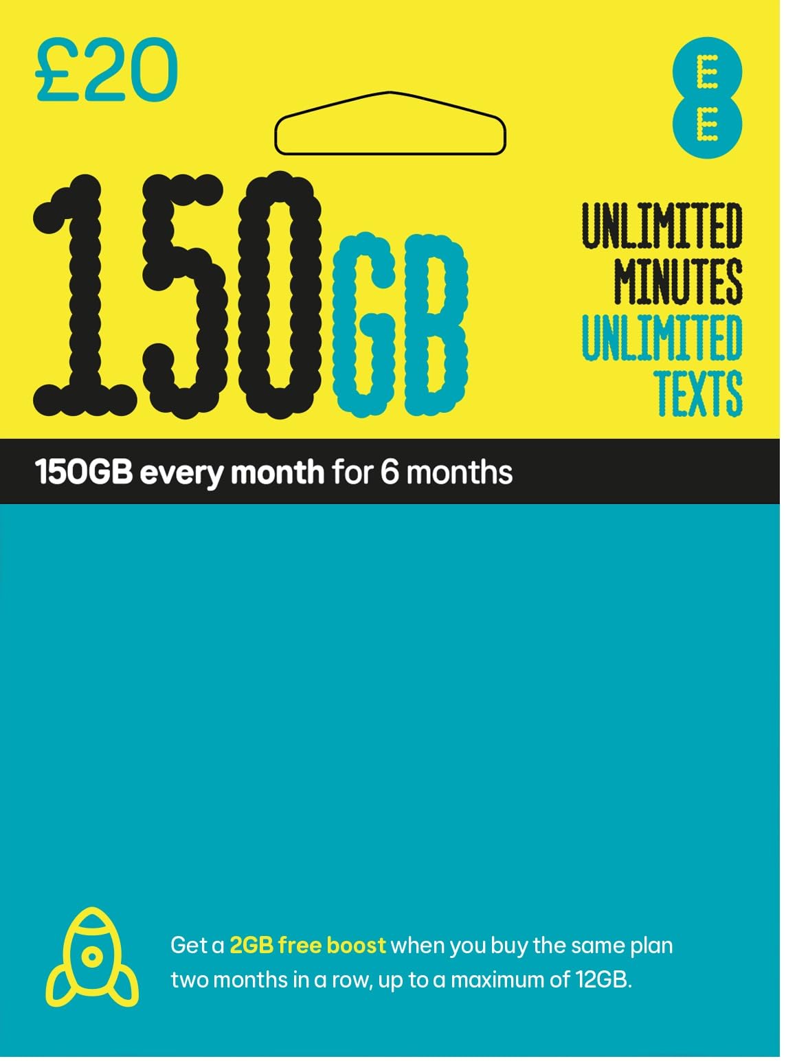 EE 150GB Data SIM Card | £20 Credit, Unlimited Minutes & Texts