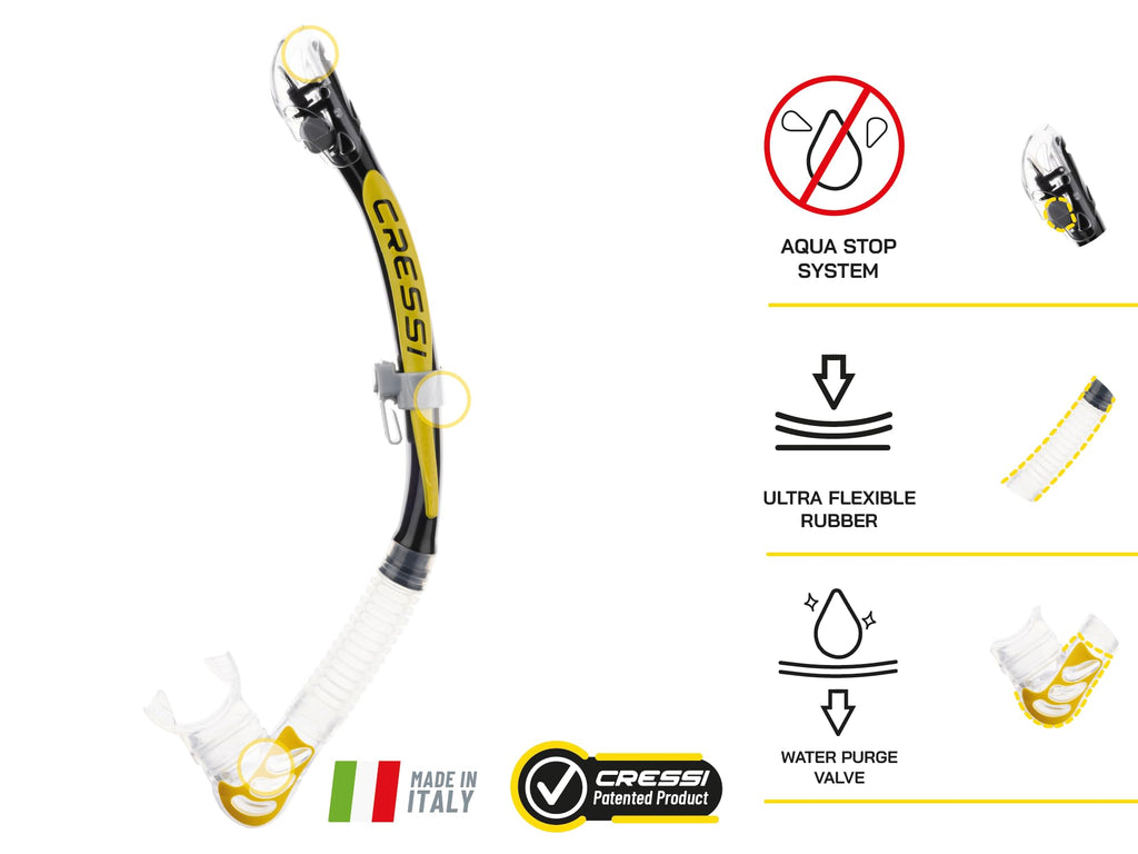 Cressi Alpha Ultra Dry Snorkel – Professional Scuba Diving Gear, Black/Yellow
