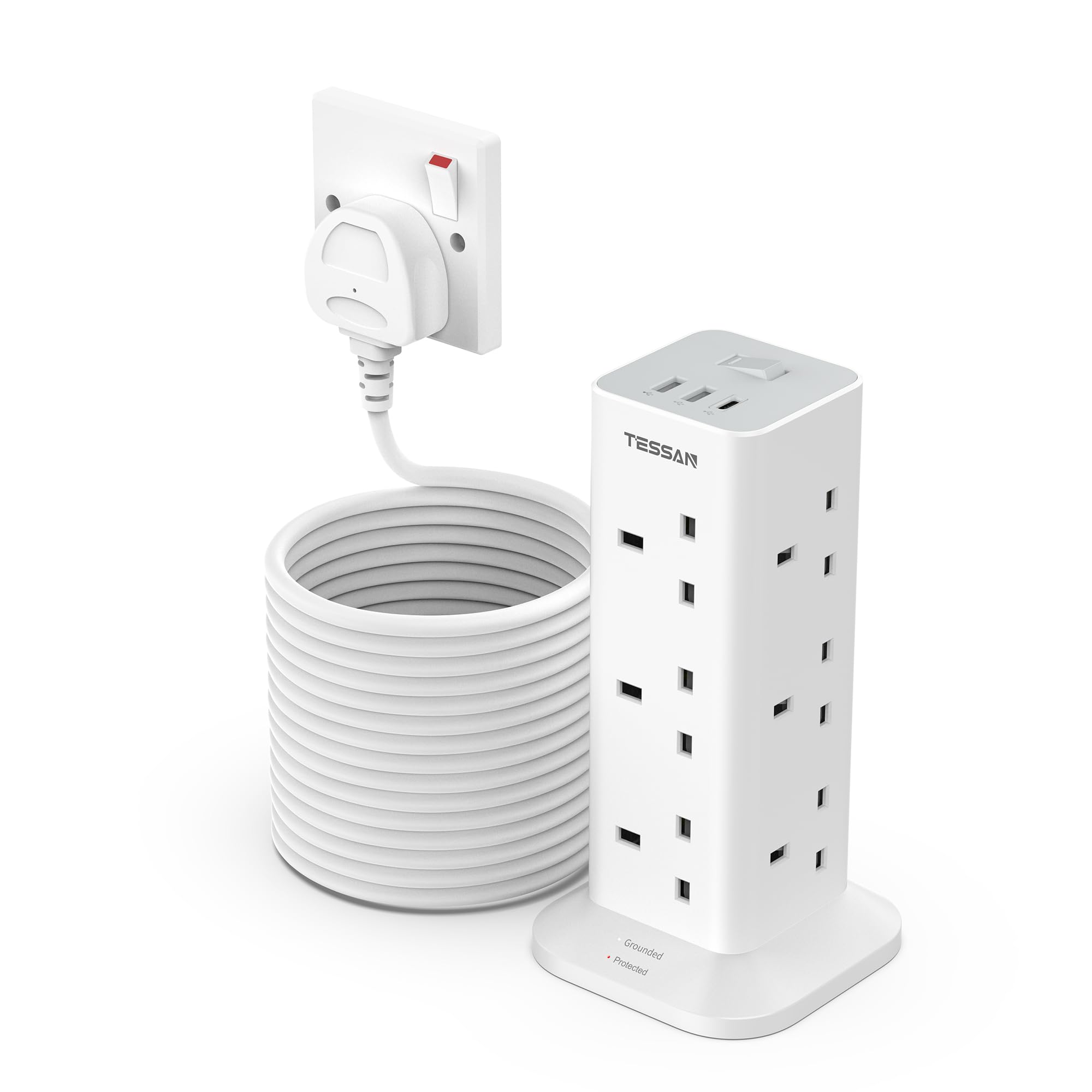 TESSAN 12 Way Tower Extension Lead 10M with 3 USB Slots | Surge Protected
