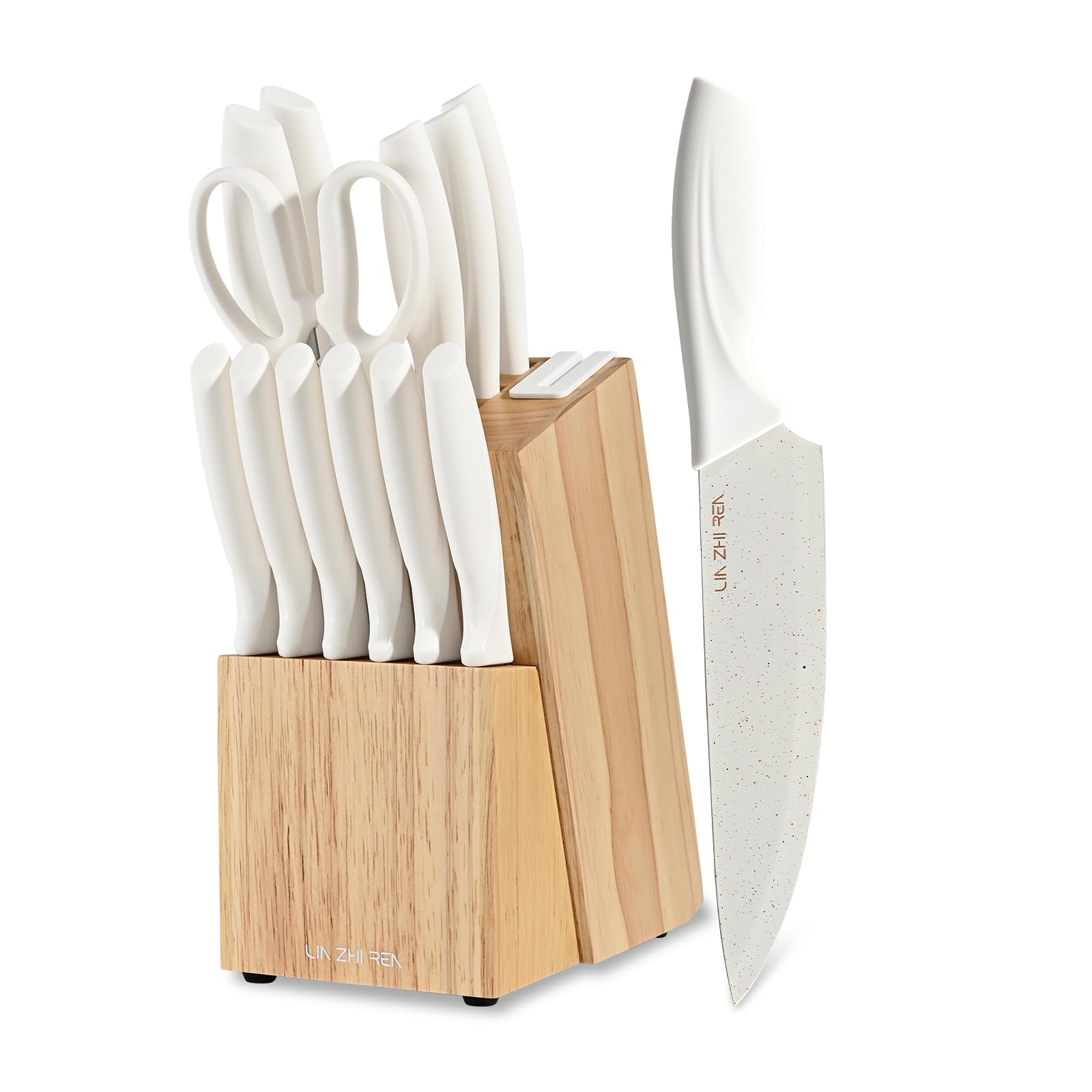 LIN ZHI REN 15-Piece Kitchen Knife Set with Block and Built-in Sharpener
