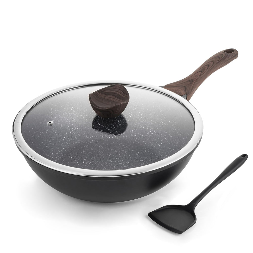 Kordisen 30cm Non-Stick Induction Wok Pan with Lid | Granite Stir-Fry Pan