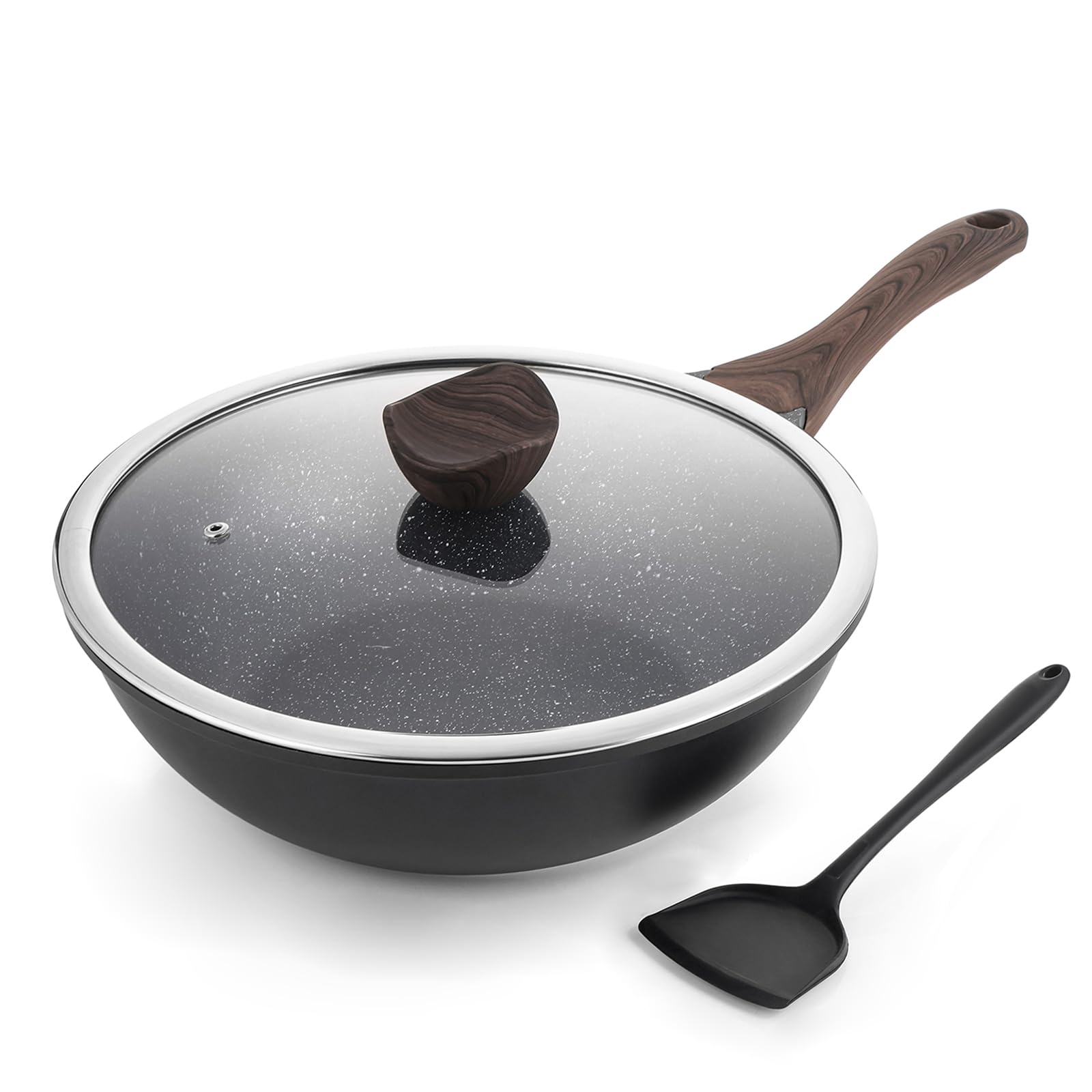 Kordisen 30cm Non-Stick Induction Wok Pan with Lid | Granite Stir-Fry Pan