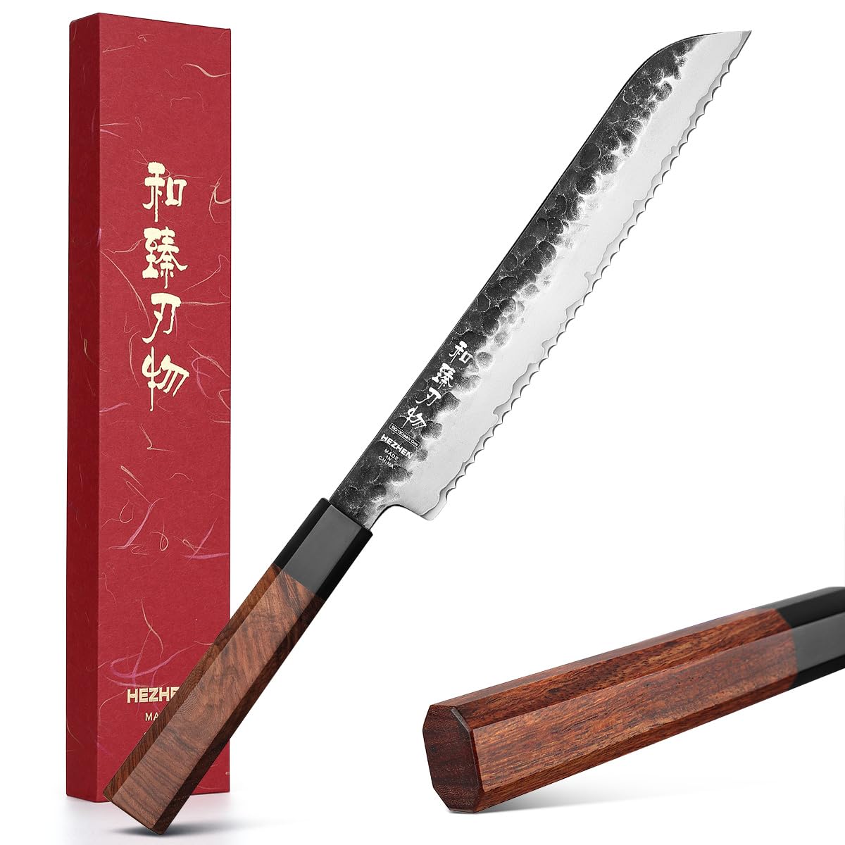 HEZHEN 10Cr15CoMoV Steel Bread Knife | Serrated Blade with Redwood Handle