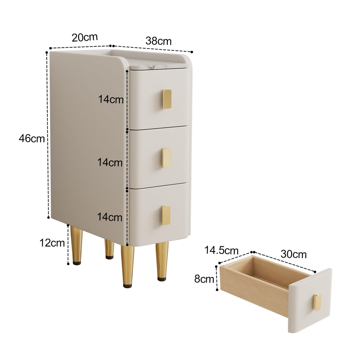 AQIMUELE Narrow Nightstand, Side Table with 3 Drawers, Bedside Cabinet with Elegant Leather Surface, Night Table for Bedroom, Living Room - image 2