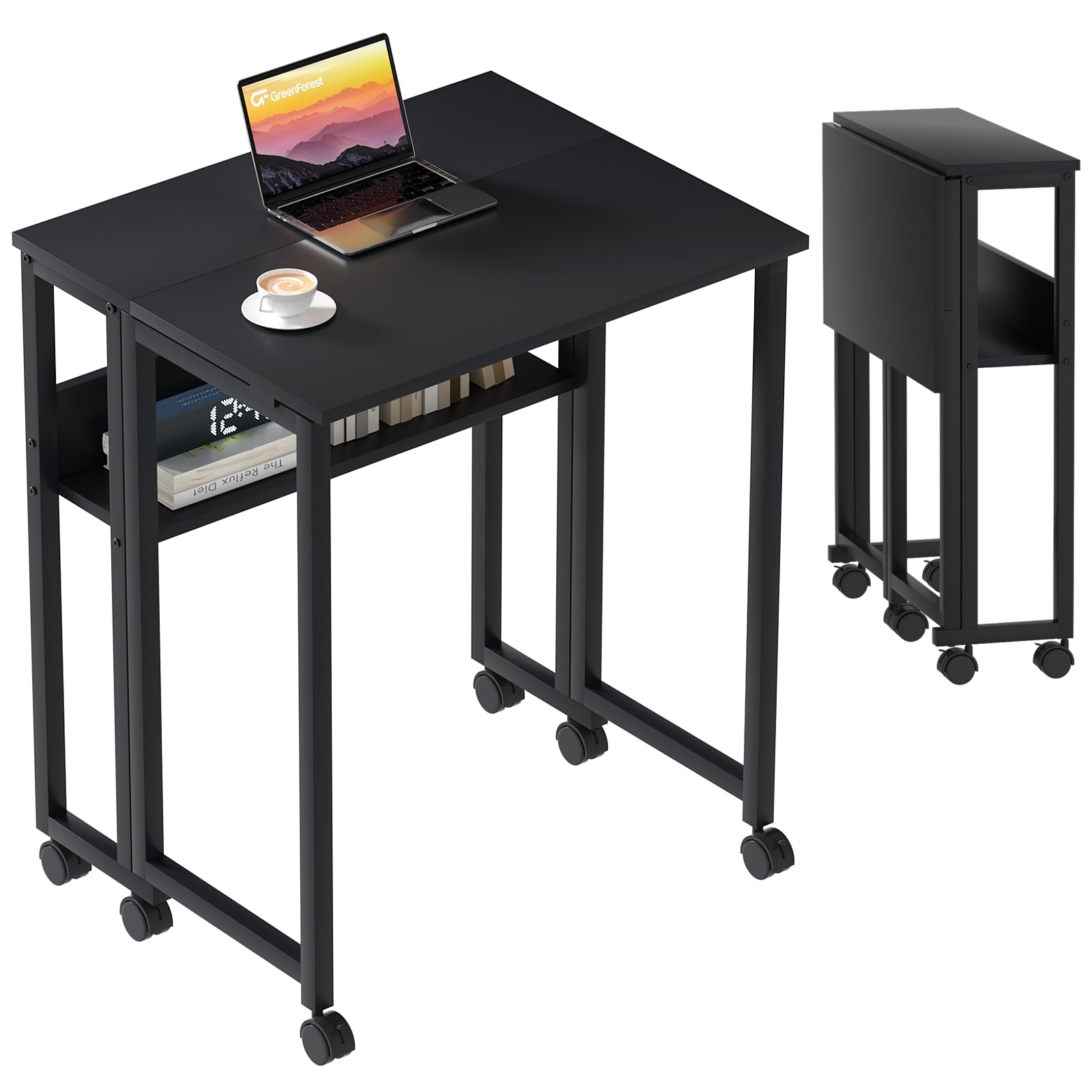 GreenForest Small Folding Desk with Storage Shelf - Rolling Computer Desk