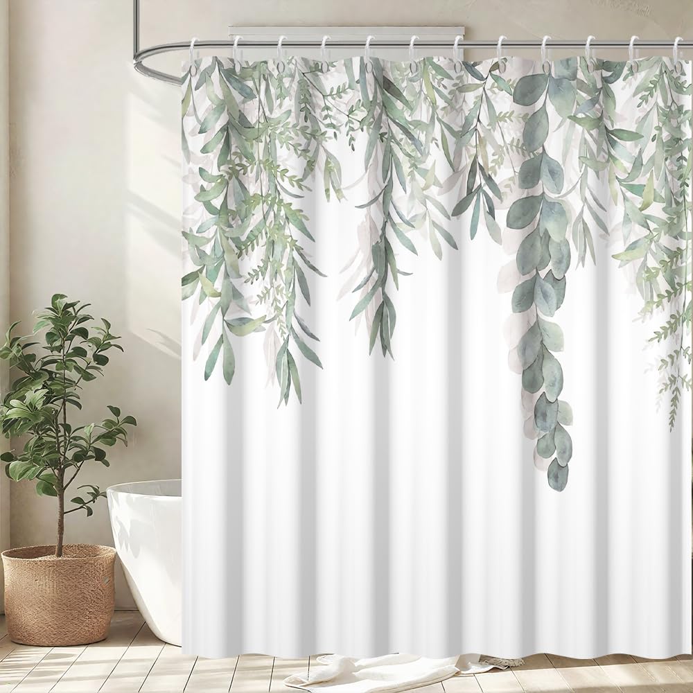 Uiiooazy Eucalyptus Shower Curtain | Sage Green Waterproof Polyester Fabric