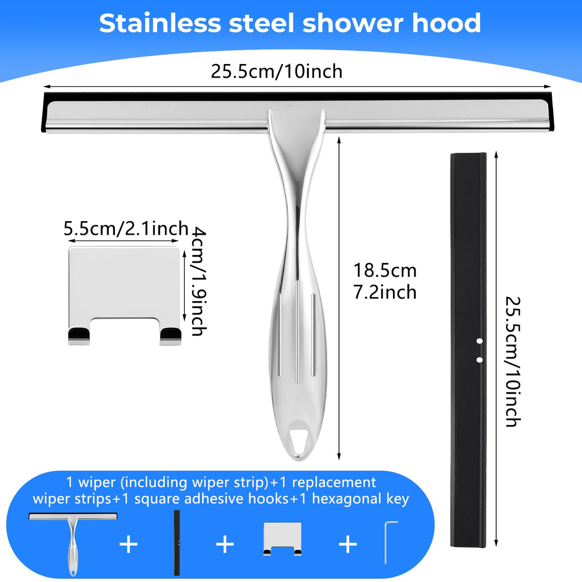 wlich Shower Squeegee, 10 Inch Stainless Steel Window Squeegee with 1 Hook - image 4
