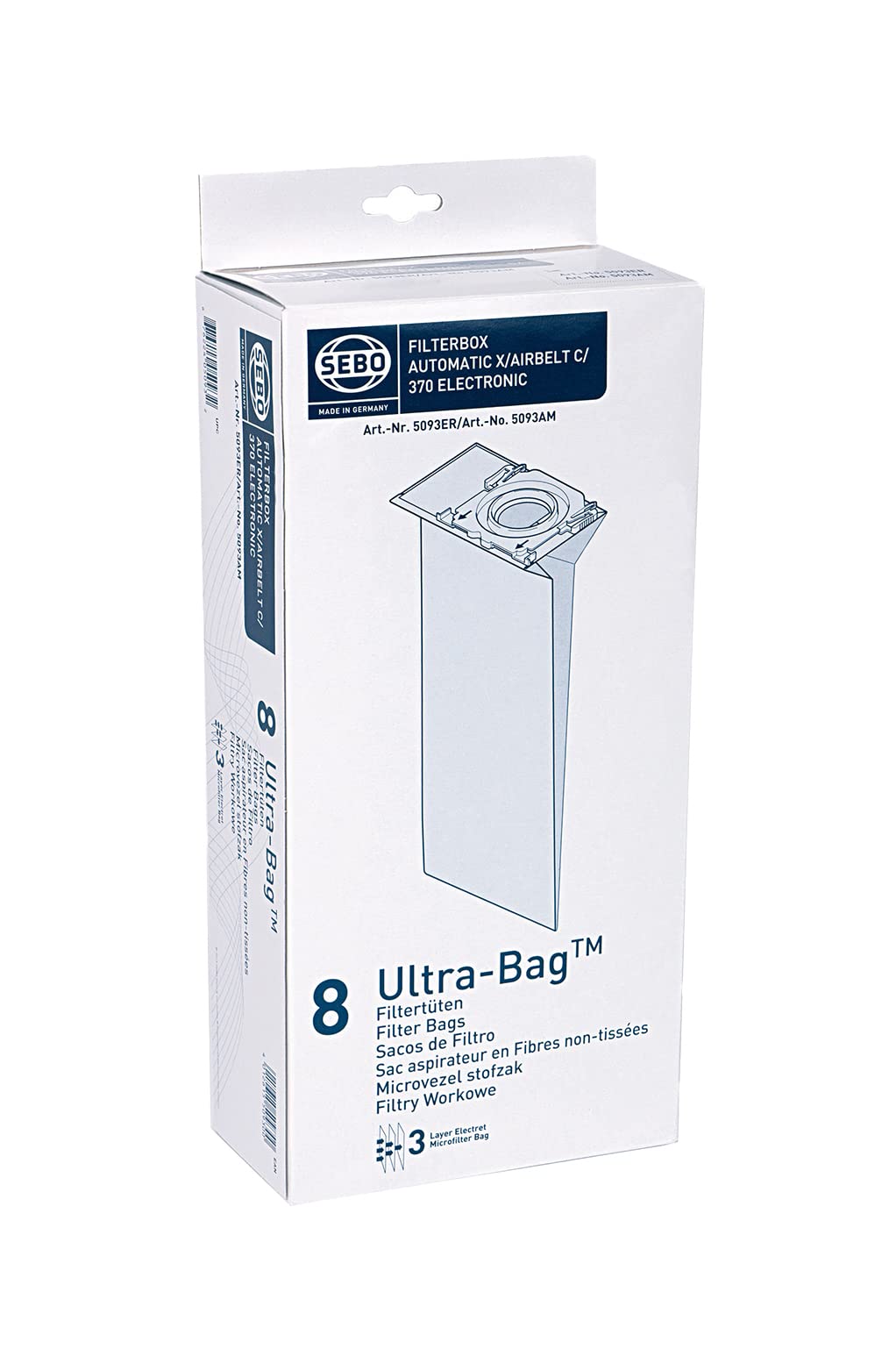 SEBO 5093ER Electrostatic Fleece Vacuum Bags - Pack of 8 | X, C, 370 Series