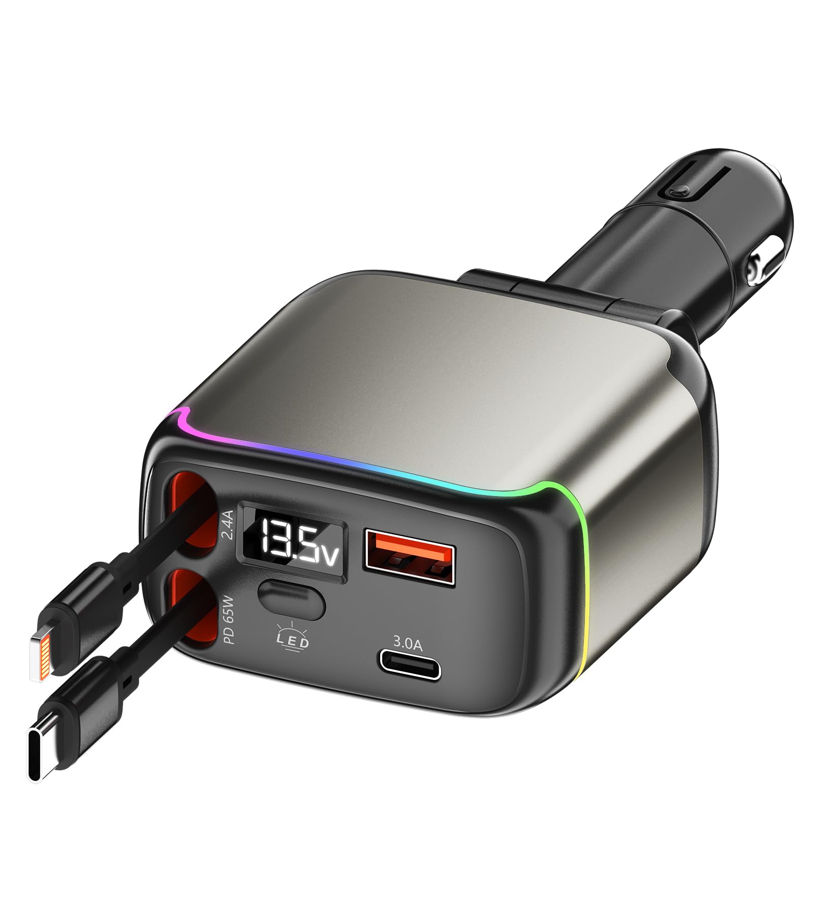 XXZU 137W Retractable Car Charger – 4-in-1 Fast USB-C Adapter