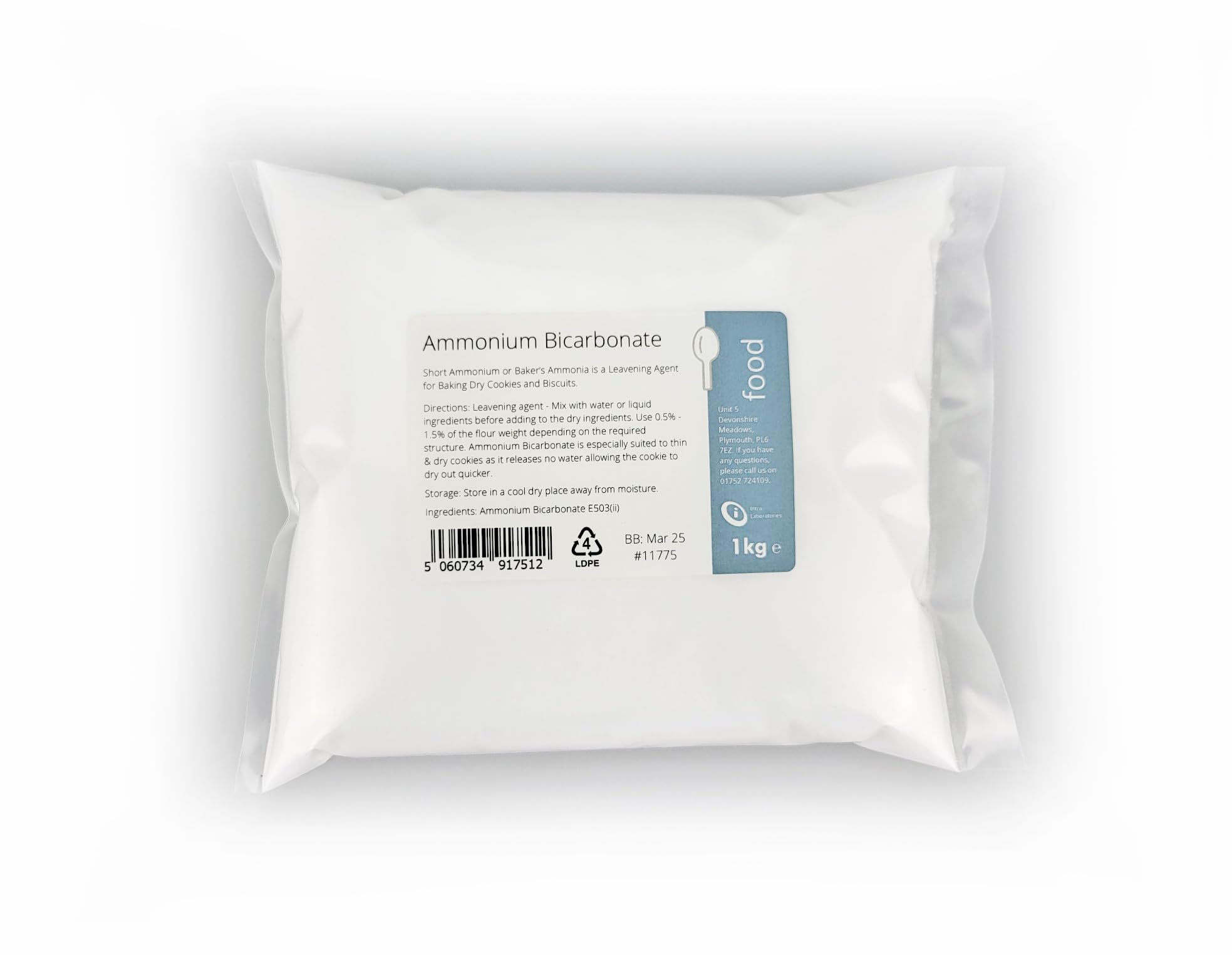 Intralabs Ammonium Bicarbonate 1kg | Food Grade Leavening Agent E503