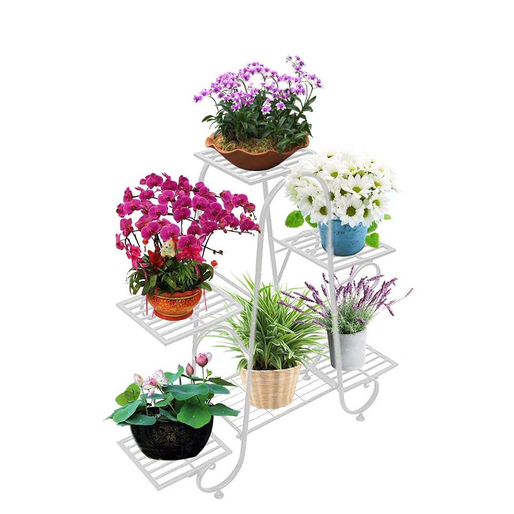 CarolynDesign 6 Tier Metal Plant Stand | White Indoor Outdoor Flower Shelf