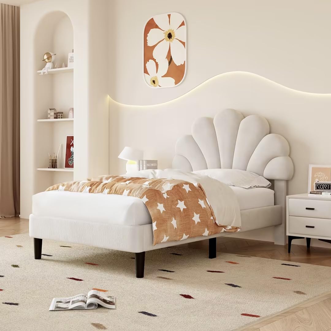 BTM Single Bed Frame | 3FT Beige Velvet Upholstered Bed with Headboard