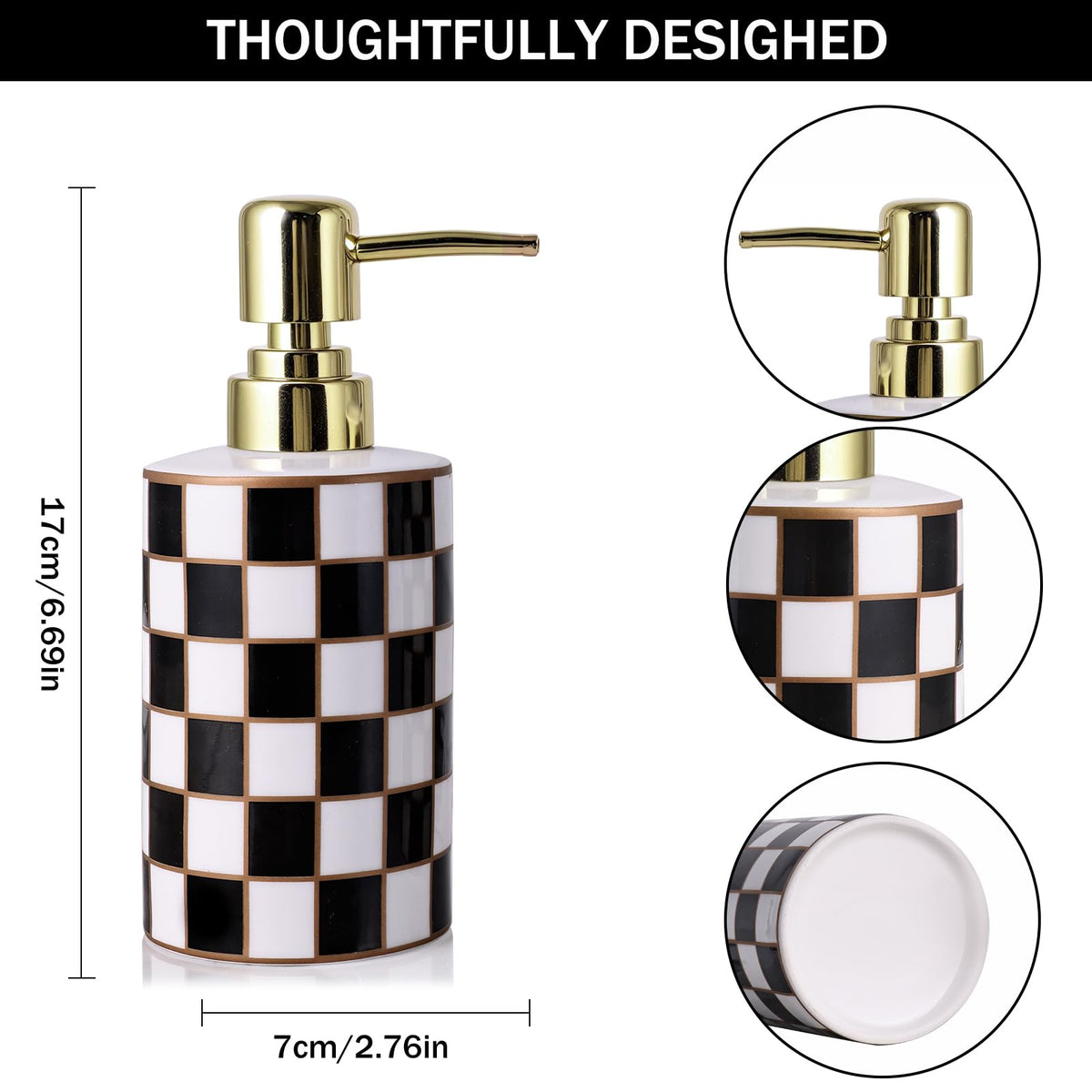 Checkered Bathroom Soap Dispenser,Gold Pump Ceramic Soap Dispenser,Kitchen Checkerboard Empty Pump Bottle,Bath Countertop Storage Organizer,Checkered - image 2