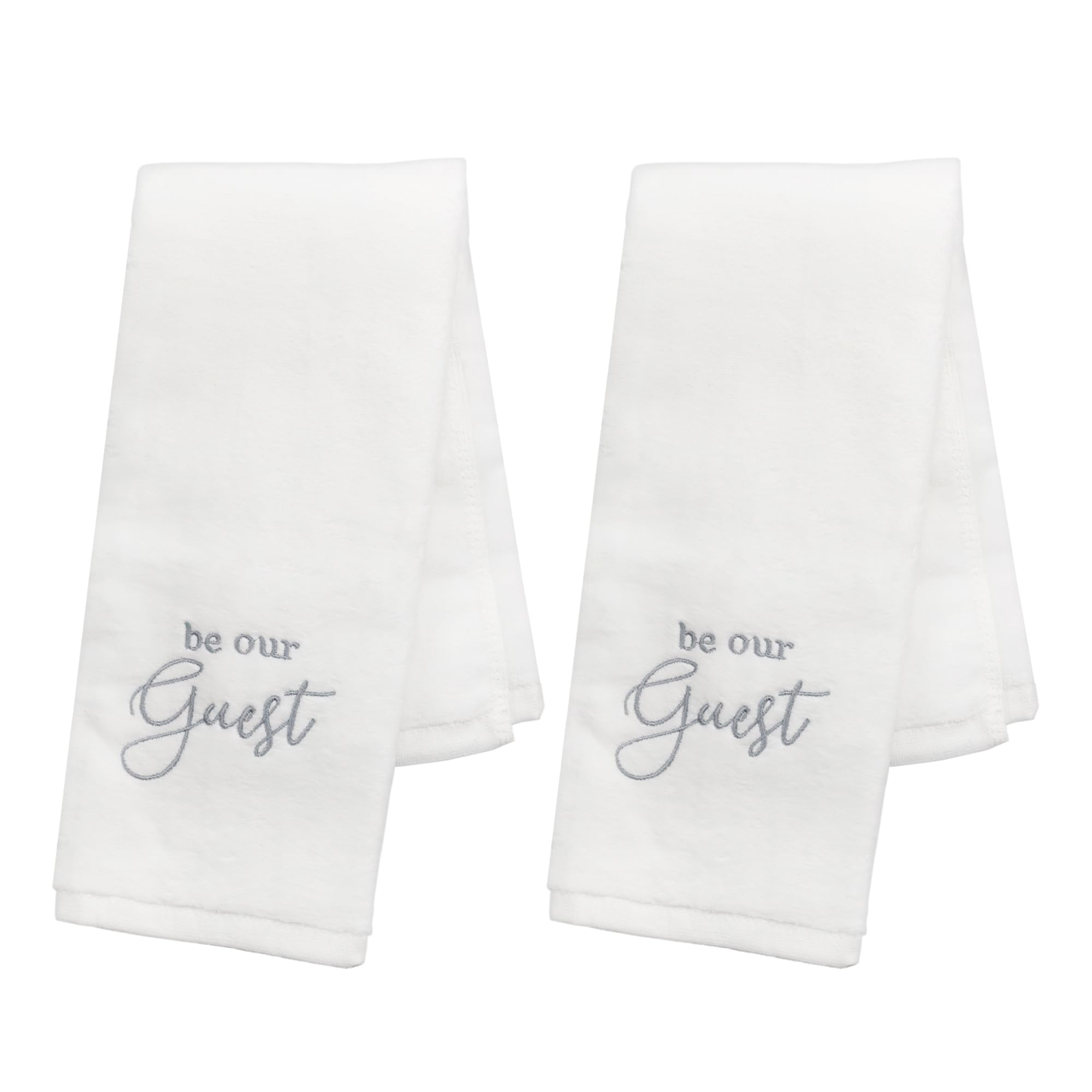 AuldHome Design Be Our Guest Hand Towels | 100% Cotton White Set of 2