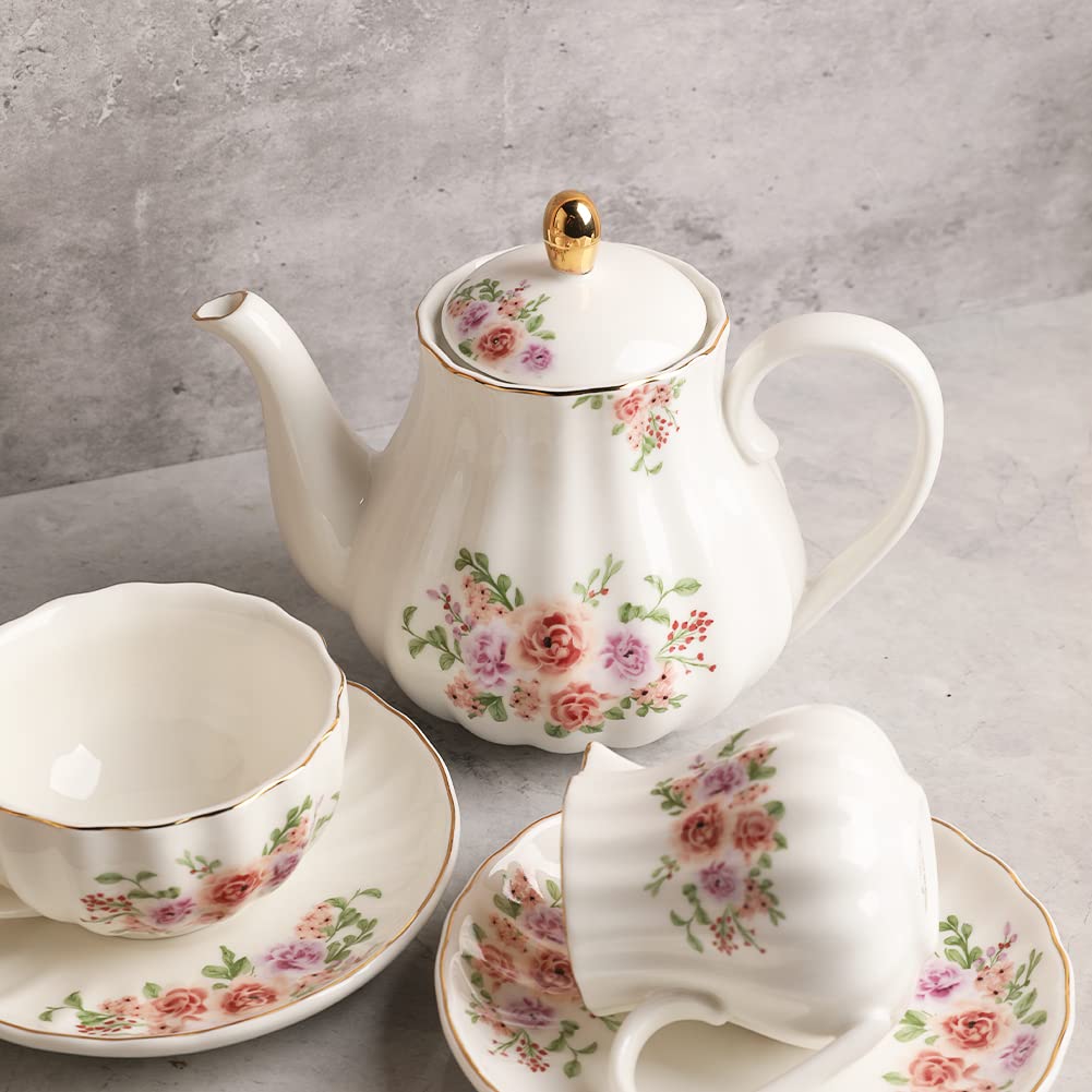 Sweejar Home Porcelain Tea Set - 21-Piece Rose Flower Ceramic Teaware