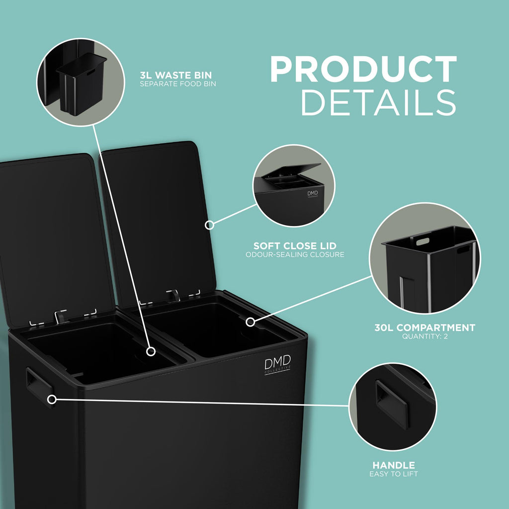 DMD 60L Dual Stainless Steel Recycling Bin with 3L Compost Bin