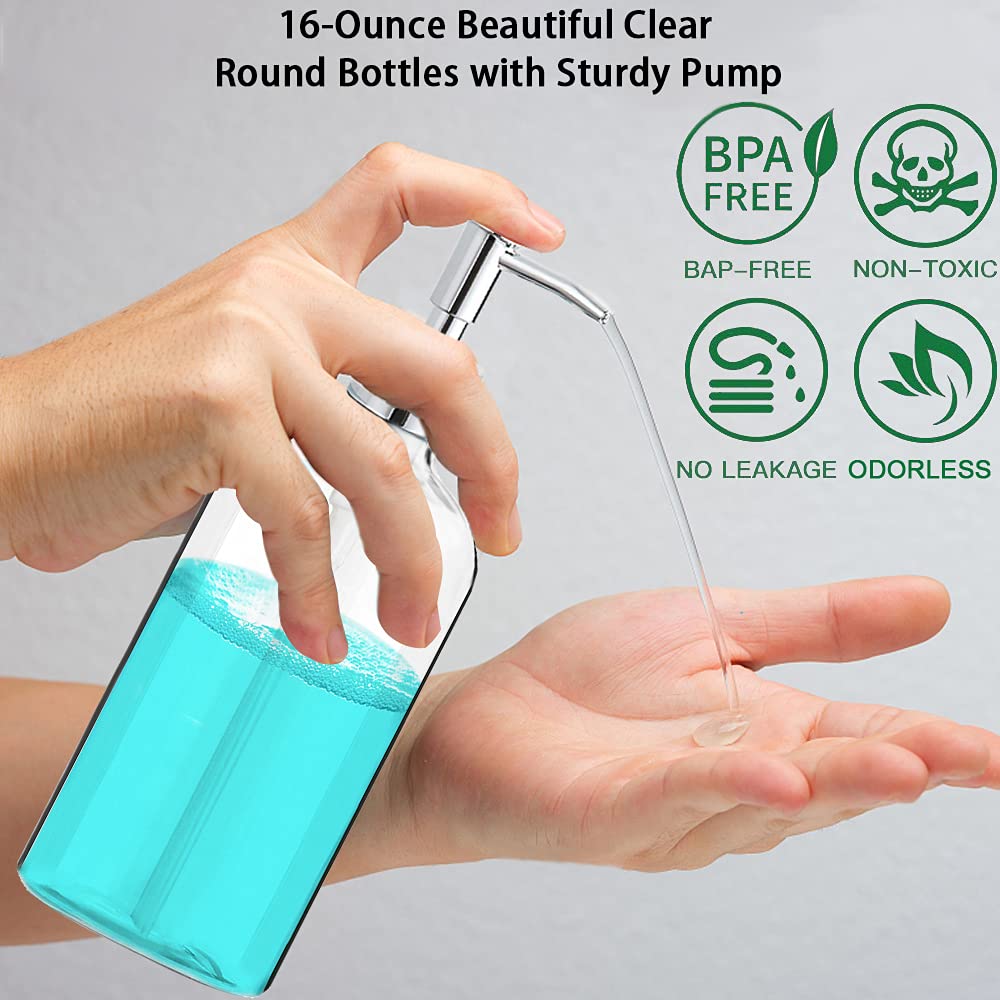Clear Soap Dispenser with Rust Proof Pump, Waterproof Labels 2 Pack,16 Oz, Plastic Hand Soap Dish Soap Dispenser for Kitchen Bathroom