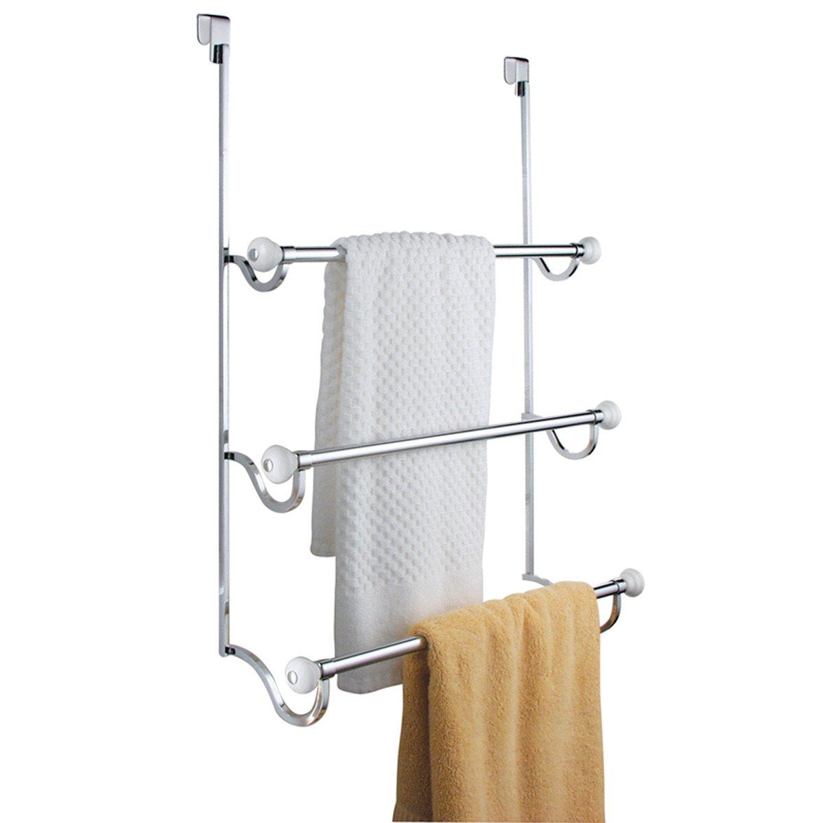iDesign York Over Shower Door Towel Rack – 3-Tier Chrome & White Steel