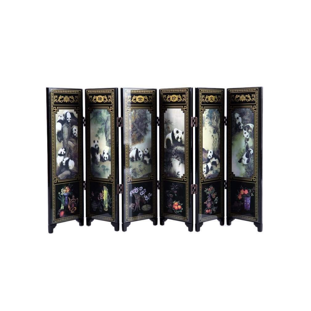 Miniature Asian Screen – Panda Decor Wood & Metal 6-Panel