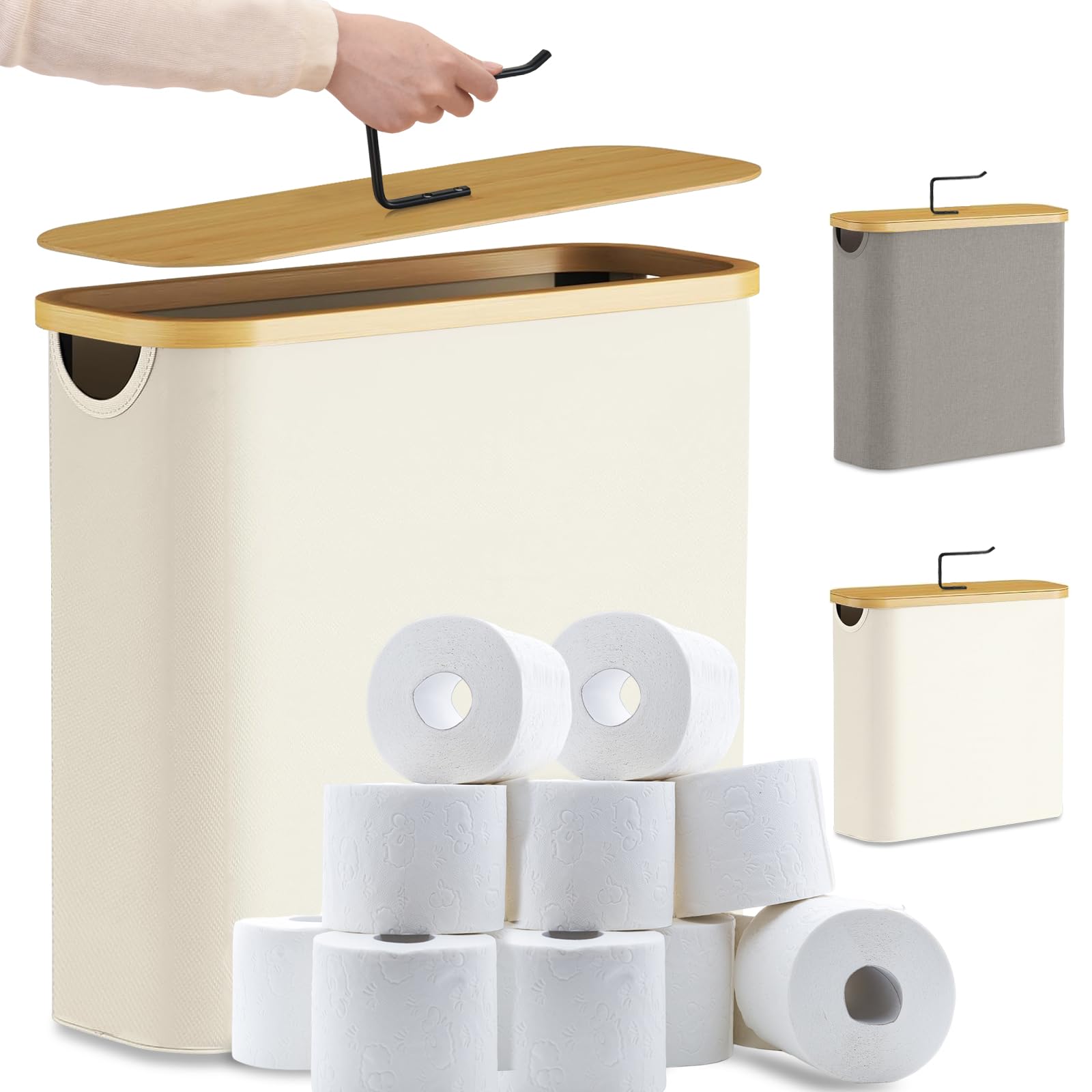 LEEJARD 30L Toilet Paper Storage Basket with Bamboo Lid | White