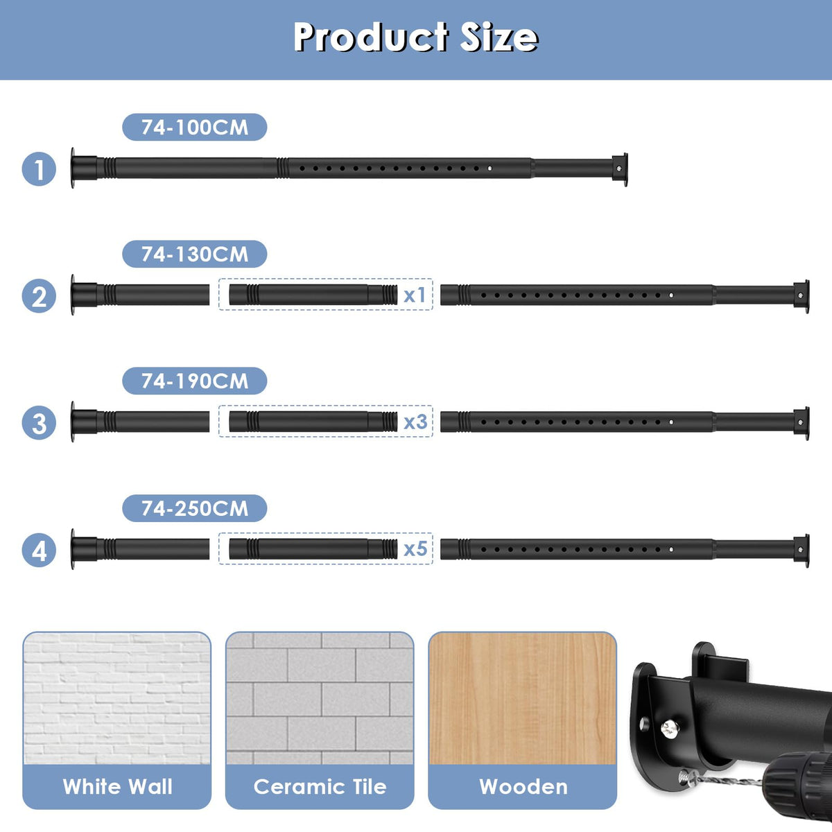 32mm Wardrobe Rail, Retractable Wardrobe Pole 74-190cm, Heavy Duty Clothes Rail with End Sockets and Screws for Balconies, Bathrooms, Wardrobes - image 4