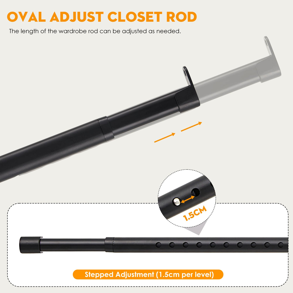 Poskena Clothes Rail Heavy Duty for Wardrobe Black,25mm rail,43-101cm - image 3