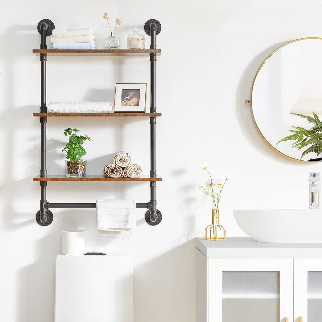 YMYNY 3-Tier Industrial Pipe Wall Mount Shelves | Rustic Wood Bookshelf