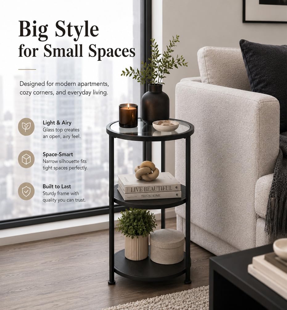 Glass Side Table, 3-Tier Round Side Table with Tempered Glass Top, Black - image 2