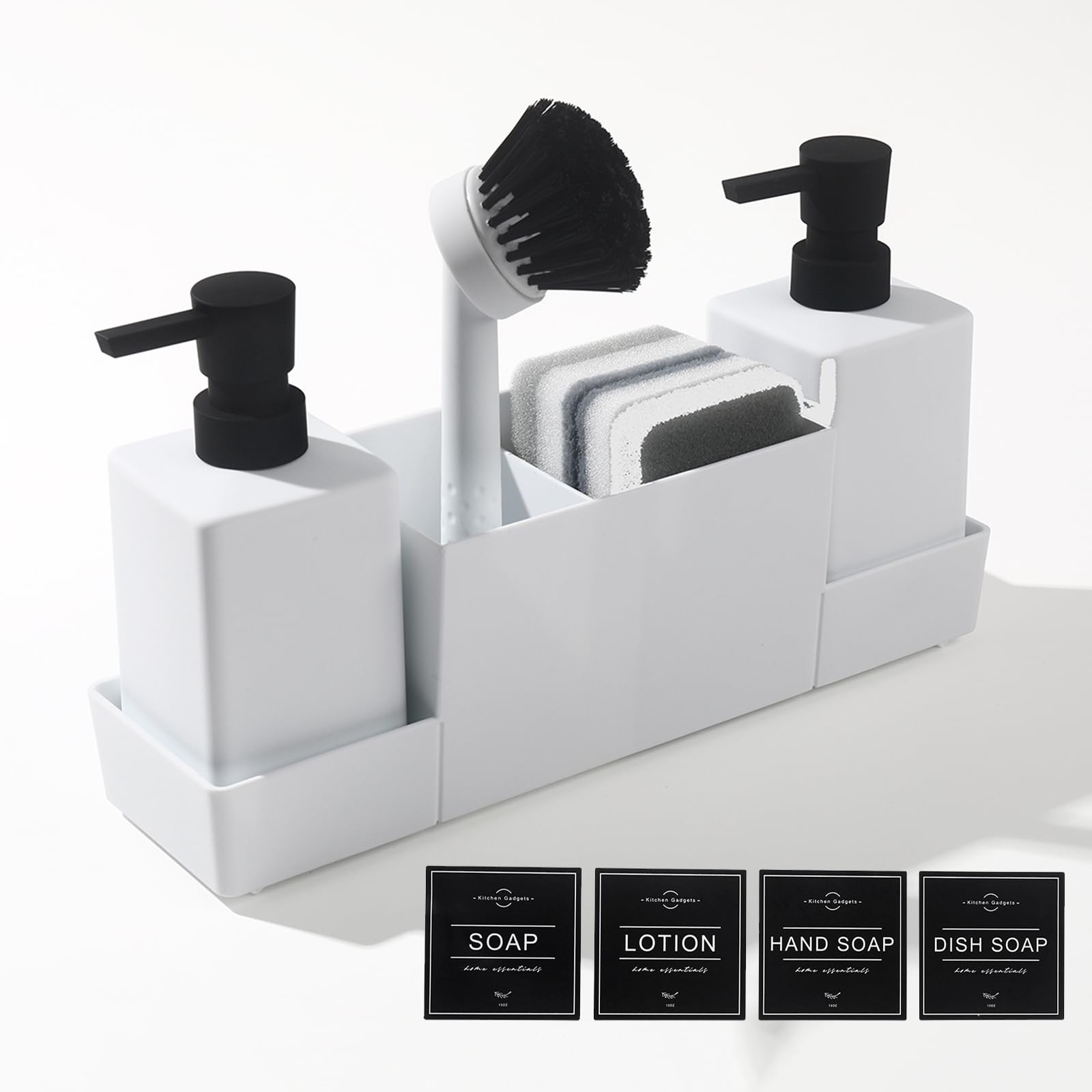4-in-1 Kitchen Soap Dispenser Set with Sponge Caddy - White